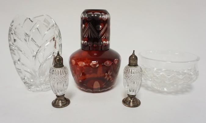 GLASS LOT-RUBY TO CLEAR TUMBLE UP & CRYSTAL: GLASS LOT-RUBY TO CLEAR TUMBLE UP & CRYSTAL, SALT & PEPPER SHAKERS HAVE STERLING SILVER BASES & TOPS
