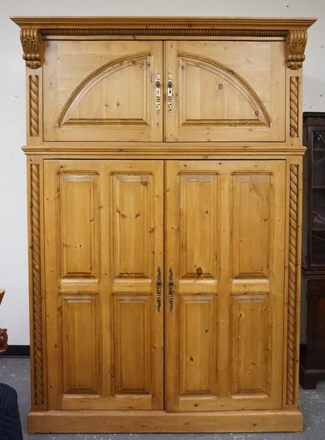 LARGE 2 PIECE CUSTOM PINE LINEN PRESS: LARGE 2 PIECE CUSTOM PINE LINEN PRESS, HAS PANELED DOORS & SIDES & TWIST CARVED TRIM, 63 1/2 IN WIDE X APPROXIMATELY 96 IN HIGH X 29 IN DEEP