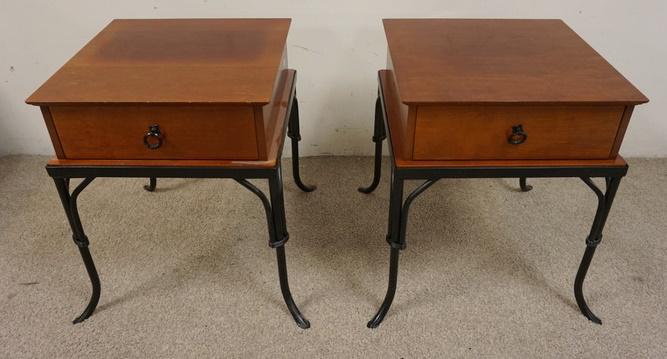 PAIR OF ONE DRAWER STANDS W/IRON LEGS: PAIR OF ONE DRAWER STANDS W/IRON LEGS, 17 1/2 IN SQUARE X 22 1/2 IN HIGH