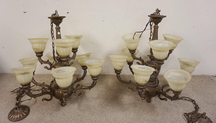 PAIR OF 9 LIGHT CHANDELIERS: PAIR OF 9 LIGHT CHANDELIERS, HAVE FAUX ALABASTER GLASS SHADES, APPROXIMATELY 30 IN HIGH X 28 IN WIDE