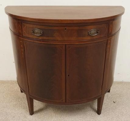 INLAID DEMILUNE CREDENZA: INLAID DEMILUNE CREDENZA, 39 3/4 IN WIDE, HAS 2 DOORS & ONE DRAWER
