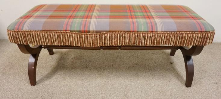 BAKER MILLING ROAD WINDOW BENCH: BAKER MILLING ROAD WINDOW BENCH, HAS BRASS ROSETTES ON THE STRETCHER BASE, 46 IN X 17 1/2 IN X 19 IN HIGH