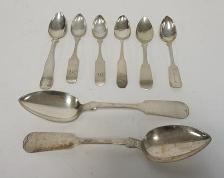 8 COIN SILVER SPOONS: 8 COIN SILVER SPOONS, 2 HALL & ELTON SERVING SPOONS 8 3/4 IN, & 6 TEASPOONS J SAYRE, JC GRAY, HALL & ELTON, LW ART, J WARD, GORHAM & THURBER, 6.165 TROY OZ