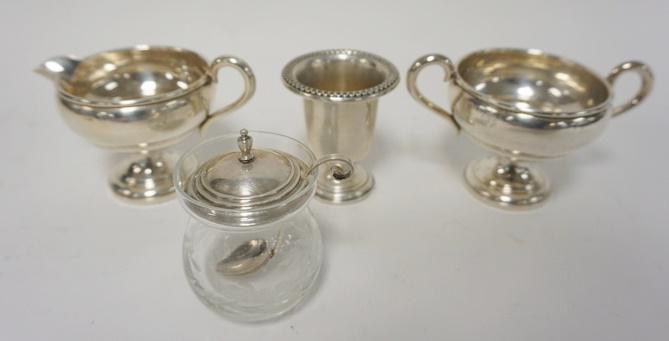 WEIGHTED STERLING SILVER CREAMER, SUGAR, TOOTHPICK: WEIGHTED STERLING SILVER CREAMER, SUGAR, TOOTHPICK HOLDER, ETC, LOT INCLUDES GLASS MUSTARD W/STERLING SILVER LID