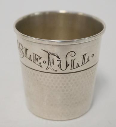 STERLING SILVER SHOT GLASS *JUST A THIMBLE FULL*: STERLING SILVER SHOT GLASS *JUST A THIMBLE FULL*, 1 3/4 IN HIGH, 0.525 TROY OZ