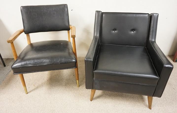 2 MID CENTURY MODERN ARM CHAIRS: 2 MID CENTURY MODERN ARM CHAIRS, CHAIR W/WOODEN ARMS HAS A RIP IN THE SEAT