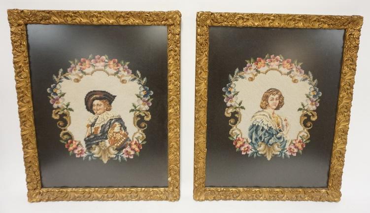 PAIR OF NEEDLEPOINT PORTRAITS: PAIR OF NEEDLEPOINT PORTRAITS IN HIGH RELIEF GOLD FRAMES, 18 1/4 IN X 22 1/2 IN, HAND MADE BY RUTH K EDELSON, 1933