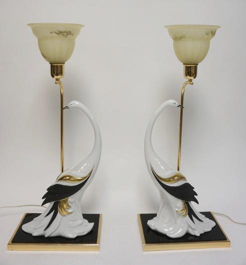 PAIR OF PORCELAIN BIRD LAMPS: PAIR OF PORCELAIN BIRD LAMPS, BRASS & BLACK GLASS BASES, FAUX ALABASTER GLASS SHADES, 27 IN HIGH