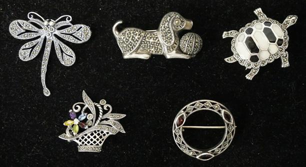 LOT OF 5 STERLING SILVER & MARCASITE BROOCH PINS (1 of 5)