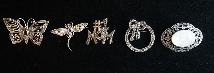 LOT OF 5 STERLING SILVER & MARCASITE BROOCH PINS (1 of 5)