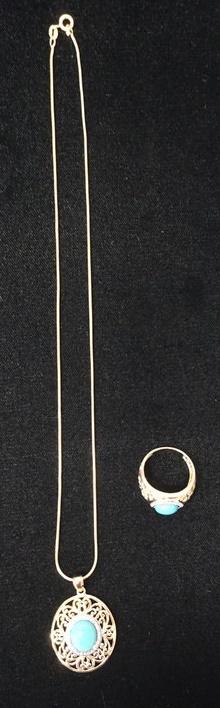 MATCHING STERLING SILVER & TURQUOISE NECKLACE & RING (1 of 4)