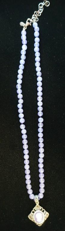 PURPLE BEADED NECKLACE W/ STERLING SILVER & MARCASITE: PURPLE BEADED NECKLACE W/ STERLING SILVER & MARCASITE CAMEO PENDANT, CLASP & CHAIN ON NECKLACE IS STERLING SILVER