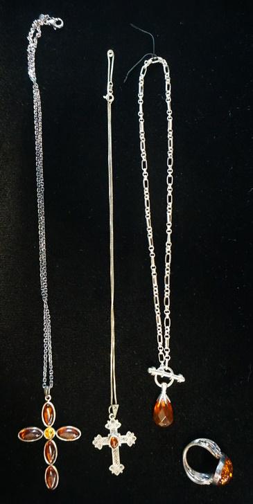 LOT OF STERLING SILVER & AMBER STONED JEWELRY (1 of 4)