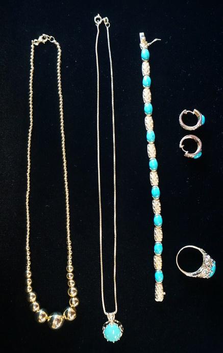 LOT OF STERLING SILVER JEWERLY: LOT OF STERLING SILVER JEWELRY; TWO NECKLACES, A BRACELET, A RING & A PAIR OF EARRINGS. COMBINED WEIGHT INCLYDING STONES IS 1.590 TROY OUNCES