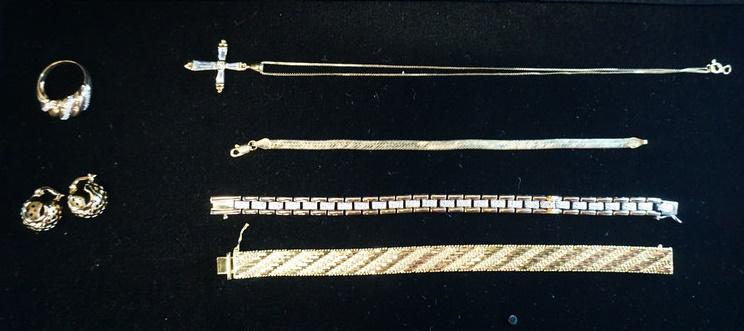 LOT OF STERLING SILVER JEWELRY: LOY OF STERLING SILVER JEWELRY; THREE BRACELETS, A NECKLACE W/ CROSS PENDANT, A RING & A PAIR OF EARRINGS. COMBINED WEIGHT INCLYDING STONES IS 2.375 TROY OUNCES