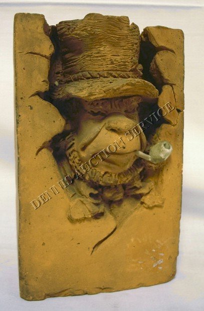 RED POTTERY BUST, MAN W/HAT & PIPE: RED POTTERY BUST, MAN W/HAT & PIPE; *PAT* BY CHAS FREDERICK GROTH; 7 3/4 IN H, 5 IN W