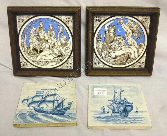 2 PRS OF TILES; MINTON & DELFT: 2 PRS OF TILES; 2 FRAMED MINTON TILES W/MEDIEVAL SCENES (7 3/8 IN SQ INCLUDING FRAME) & 2 DELFT TILES W/SHIPS (5 1/4 IN SQ, BOTH HAVE TINY CHIPS)