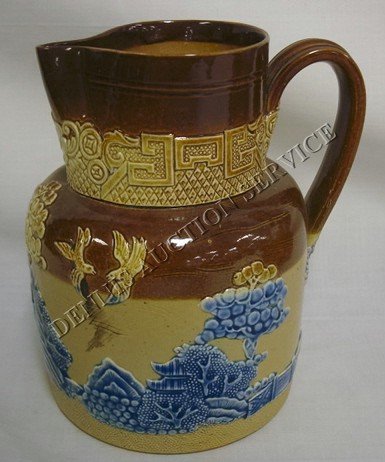 DOULTON LAMBETH PITCHER : DOULTON LAMBETH PITCHER W/APPLIED BLUE WILLOW DECORATION; 6 1/2 IN H
