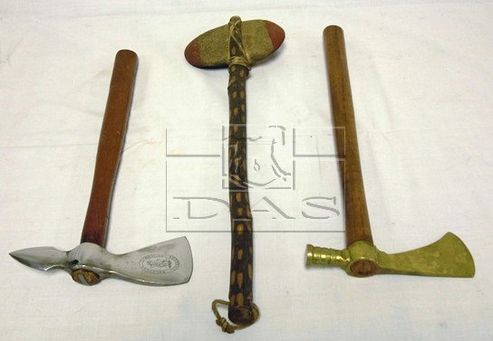 GROUP OF 3 TOMAHAWKS: GROUP OF 3 TOMAHAWKS; ONE STONE, ONE BRASS, ONE STEEL, MARKED *BALANCED THROWING TOMAHAWK*; LONGEST 18 IN