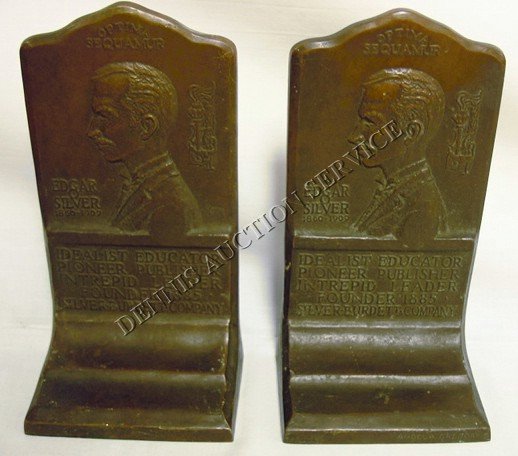 PR OF BRONZE BOOKENDS HONORING EDGAR O. SILVER: PR OF BRONZE BOOKENDS HONORING EDGAR O. SILVER; ARTIST SIGNED ANGELA GREGORY; 7 1/4 IN H, 3 3/4 IN W