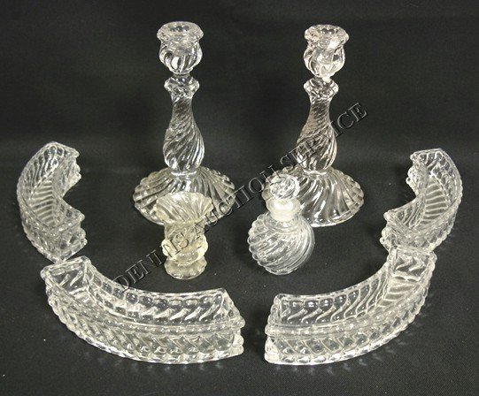 LOT OF BACCARAT SWIRL: LOT OF BACCARAT SWIRL; 4 PART PLANTER, PERFUME BOTTLE, TOOTHPICK HOLDER & PR CANDLESTICKS (NOT SIGNED, 9 IN H); ALL OTHER PCS SIGNED