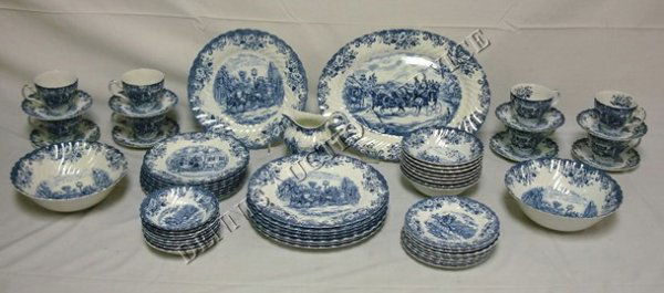 60 PC JOHNSON BROS *COACHING SCENES* DINNERWARE: 60 PC JOHNSON BROS *COACHING SCENES* DINNERWARE SET; SERVICE FOR 8 PLUS 2 8 1/2 IN SERVING BOWLS, CREAMER & 14 IN PLATTER