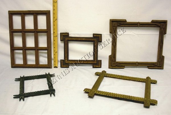 GROUP OF 5 TRAMP ART FRAMES: GROUP OF 5 TRAMP ART FRAMES; LARGEST IS 13 3/4 IN X 15 3/4 IN; 9 SECTION FRAME IS 11 3/4 IN X 16 IN