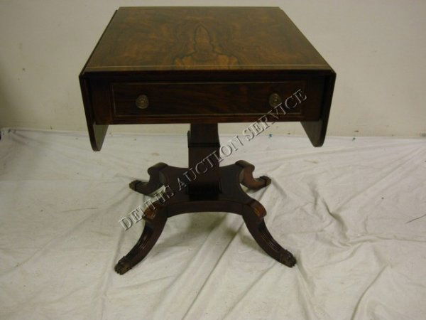 ROSEWOOD DROP LEAF TABLE W/BRASS INLAY; ONE DRAWE: ROSEWOOD DROP LEAF TABLE W/BRASS INLAY; ONE DRAWER; 25 3/4 IN X 22 1/4 IN CLOSED; DROPS ARE 8 3/8 IN, 26 3/4 IN H