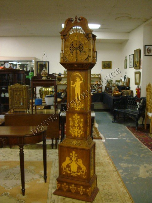 SETH THOMAS INLAID & FRETWORK TALL CASE CLOCK; HA: SETH THOMAS INLAID & FRETWORK TALL CASE CLOCK; HAS LIONS & CLASSICAL FIGURES; 87 IN H, 21 IN W, 12 1/2 IN D