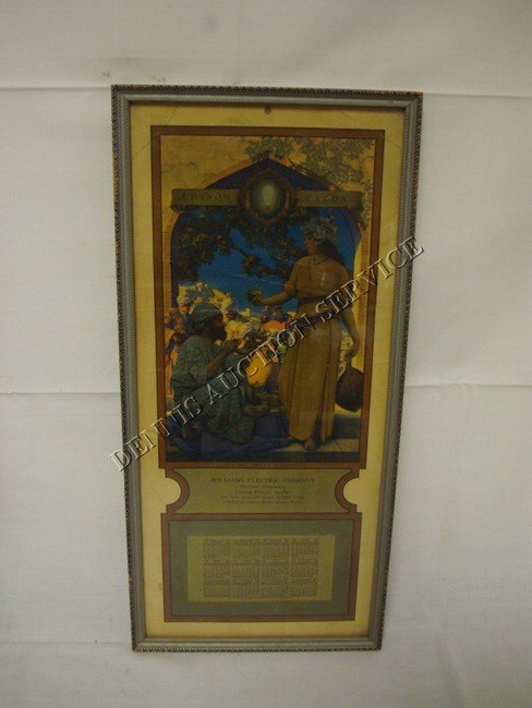 MAXFIELD PARRISH 1923 EDISON-MAZDA SMALL CALENDAR: MAXFIELD PARRISH 1923 EDISON-MAZDA SMALL CALENDAR; THE LAMP SELLER OF BAGDAD; CREASES IN THE TOP SECTION, NO PAD; FRAMED; 18 3/4 IN X 8 1/4 IN; GIVEN OUT BY WILLIAMS ELECTRIC, ITHACA, NY