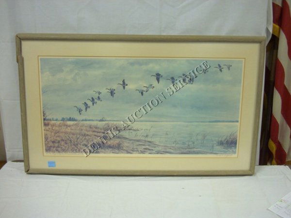 FRAMED PRINT; GEESE IN FLIGHT, *FOR THE LEHIGH VALL: FRAMED PRINT; GEESE IN FLIGHT, *FOR THE LEHIGH VALLEY DUCKS UNLIMITED DINNER* BY DONALD H. SHOFFSTALT; HAS HAND WRITTEN NOTE ON THE BACK; 16 IN X 32 IN