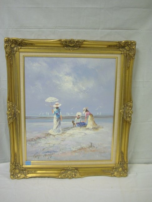 FRAMED O/C GIRLS ON THE BEACH BY MARIE CHARLOT; 20: FRAMED O/C GIRLS ON THE BEACH BY MARIE CHARLOT; 20 IN X 24 IN