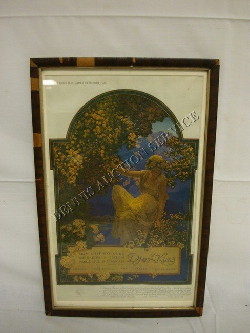 MAXFIELD PARRISH DJER-KISS ADVERTISEMENT FROM 191: MAXFIELD PARRISH DJER-KISS ADVERTISEMENT FROM 1916 LADIES HOME JOURNAL; IN A FRAME W/VENIER LOSS; 15 1/2 IN X 9 1/2 IN