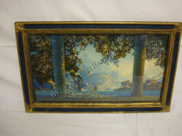 MAXFIELD PARRISH PRINT; MEDIUM DAYBREAK IN ORIGIN: MAXFIELD PARRISH PRINT; MEDIUM DAYBREAK IN ORIGINAL FRAME; PAINT TOUCH UP ON THE FRAME; 17 1/2 IN X 21 1/2 IN; HOUSE OF ART