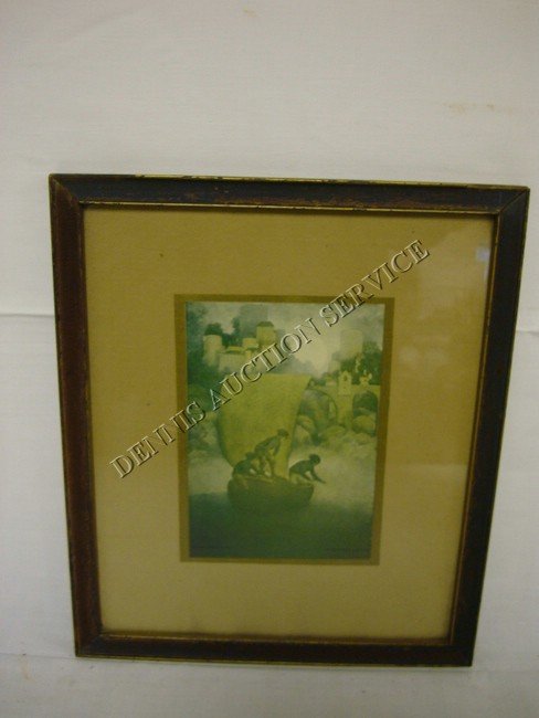 MAXFIELD PARRISH SMALL PRINT; WINKEN, BLINKEN & N: MAXFIELD PARRISH SMALL PRINT; WINKEN, BLINKEN & NOD; IN ORIGINAL FRAME; CHARLES SCRIBNER & SONS; IMAGE IS 5 IN X 7 IN; TOP OF FRAME HAS CHIPS OFF