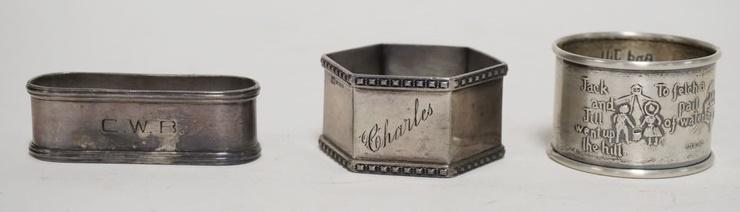 3 STERLING SILVER NAPKIN RINGS W/JACK & JILL: 3 STERLING SILVER NAPKIN RINGS W/JACK & JILL, 1.68 TROY OZ
