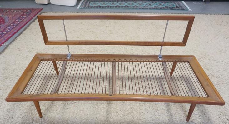 JOHN STUART MID CENTURY MODERN SOFA: JOHN STUART MID CENTURY MODERN SOFA, UPHOLSTERY HAS MOTH DAMAGE. 74 IN W