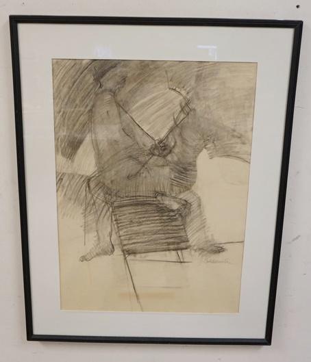 CHARCOAL DRAWING BY JOAN GOLDSMITH: CHARCOAL DRAWING BY JOAN GOLDSMITH. OVERALL DIMENSIONS INCLUDING FRAME 27 1/4 IN X 37 1/4 IN