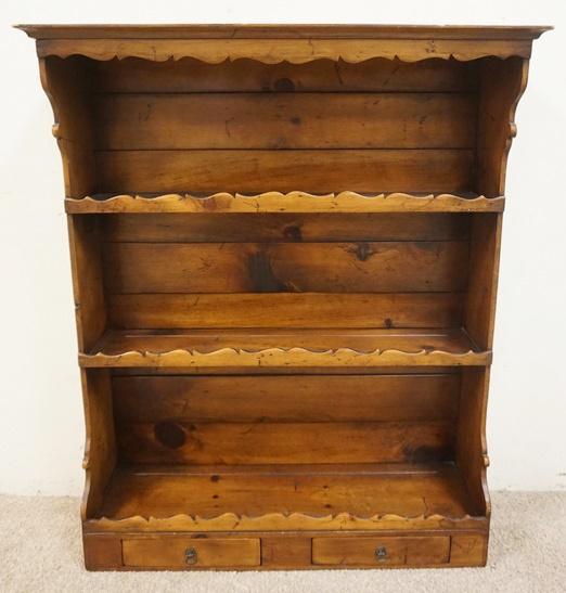 3 TIER HANGING SHELF W/ TWO DRAWERS: THREE TIER HANGING SHELF W/ TWO DRAWERS 26 1/4 IN W 32 IN H