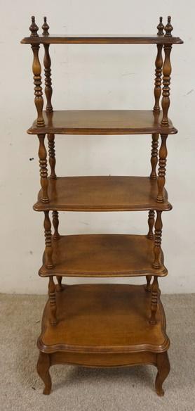 5 TIER WHATNOT SHELF W/ TURNED POSTS: FIVE TIER WHATNOT SHELF W/ TURNED POSTS. 49 1/2 IN H 18 IN W