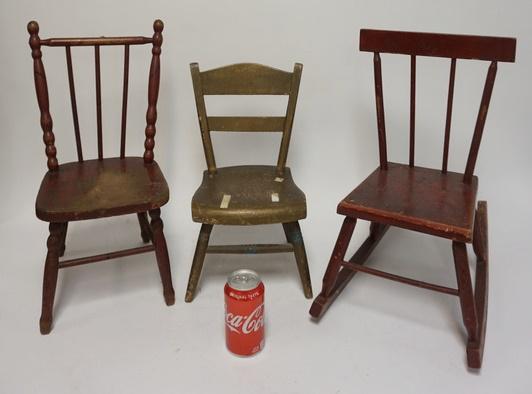 LOT OF 3 DOLLS CHAIRS. ONE IS A ROCKER: LOT OF THREE DOLLS CHAIRS, ONE IS A ROCKER