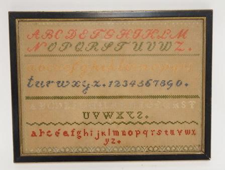 SMALL ANTIQUE SAMPLER: SMALL ANTIQUE SAMPLER HAS HAND WRITTEN INFO ON REVERSE 11 1/4 IN X 8 1/2 IN INCLUDING FRAME