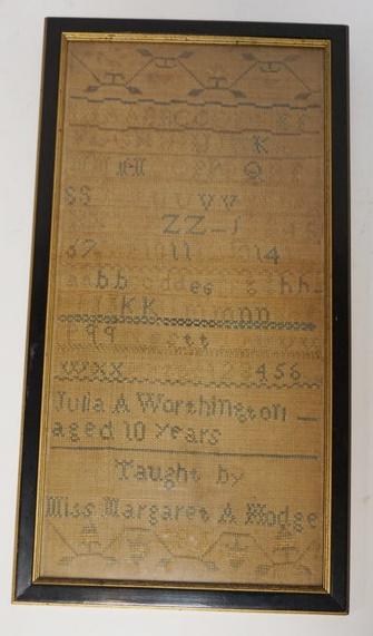 ANTIQUE SAMPLER JULIE A. WORTHINGTON AGED 10 YEARS: ANTIQUE SAMPLER JULIE A. WORTHINGTON AGED 10 YEARS 10 1/4 IN X 19 1/4 IN INCLUDING FRAME