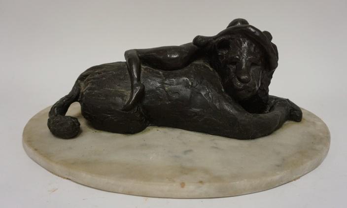LISA CARPI BRONZE OF A NUDE WOMAN & A LION: LISA CARPI BRONZE SCULPTURE OF A NUDE WOMAN & A LION MARKED 1/1 MOUNTED ON A MARBLE BASE. BASE IS 18 IN X 14 IN. 7 1/2 IN H