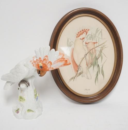 MEISSEN PORCELAIN COCKATOO W/ A GOULD PRINT: MEISSEN PORCELAIN COCKATOO & GOULD PRINT. FIGURE IS 9 5/8 IN H PRINT IS 10 1/2 IN X 13 1/2 IN INCLUDING THE FRAME