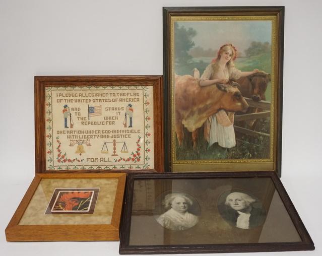 4 PIECES OF FRAMED ARTWORK: FOUR PIECES OF FRAMED ARTWORK; A PLEDGE OF ALLEGENCE SAMPLER, WOMAN W/ TWO COWS, A ROOSTER BY M. MCNELLY,GEORGE & MARTHA WASHINGTON PORTRAITS. LARGEST IS 14 3/4 IN X 21 IN INCLUDING FRAME