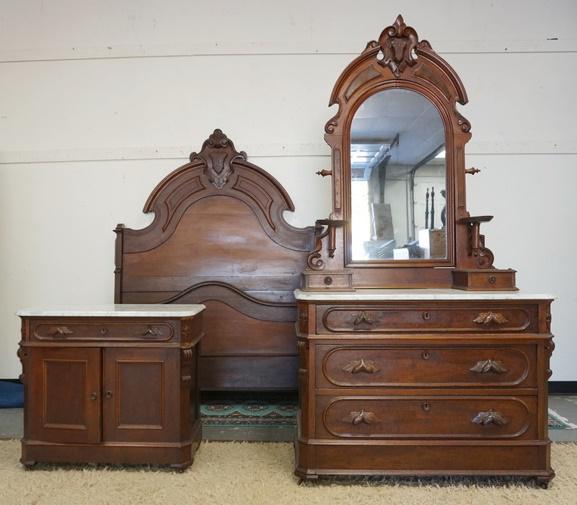 3 PIECE WALNUT VICTORIAN MARBLE TOP BEDROOM SET: THREE PIECE WALNUT MARBLE TOP VICTORIAN BEDROOM SET; HIGH BACK BED, DRESSER & WASHSTAND HAVE LEAF CARVED PULLS. DRESSER IS 90 IN H