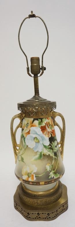 HAND PAINTED NIPPON VASE CONVERTED TO LAMP: HAND PAINTED NIPPON VASE CONVERTED INTO LAMP 27 IN H