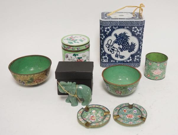 8 PIECE LOT OF ASIAN ITEMS: EIGHT PIECE LOT OF ASIAN ITEMS INCLUDES PORCELAIN ENAMEL, CLOISONNE & CARVED STONE ELEPHANT
