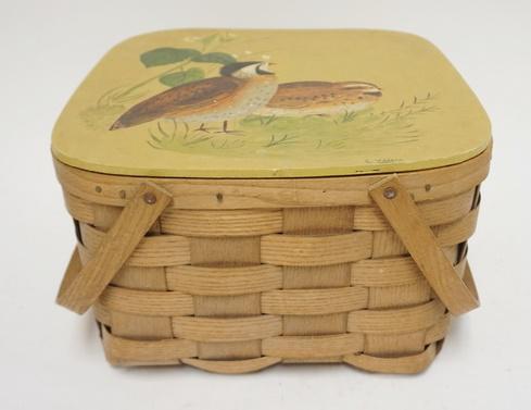 PICNIC BASKET W/ HAND PAINTED TOP: PICNIC BASKET W/ HAND PAINTED TOP HAS A WOODEN INSERT MARKED PUTNEY ON THE BASE 13 1/2 IN SQ 8 1/2 IN H